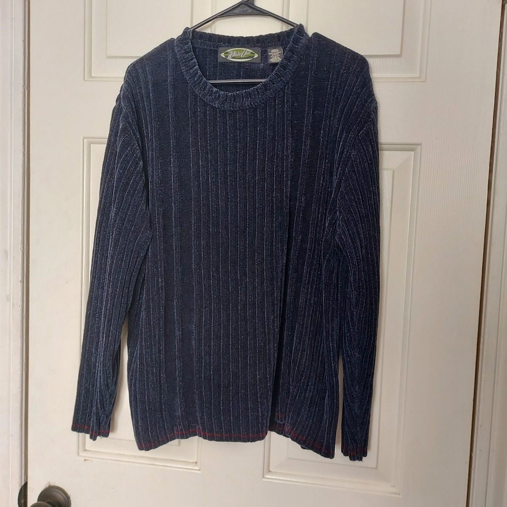 White Out Mens Navy Blue Chenille Ribbed Crewneck Sweater Medium 90s Streetwear